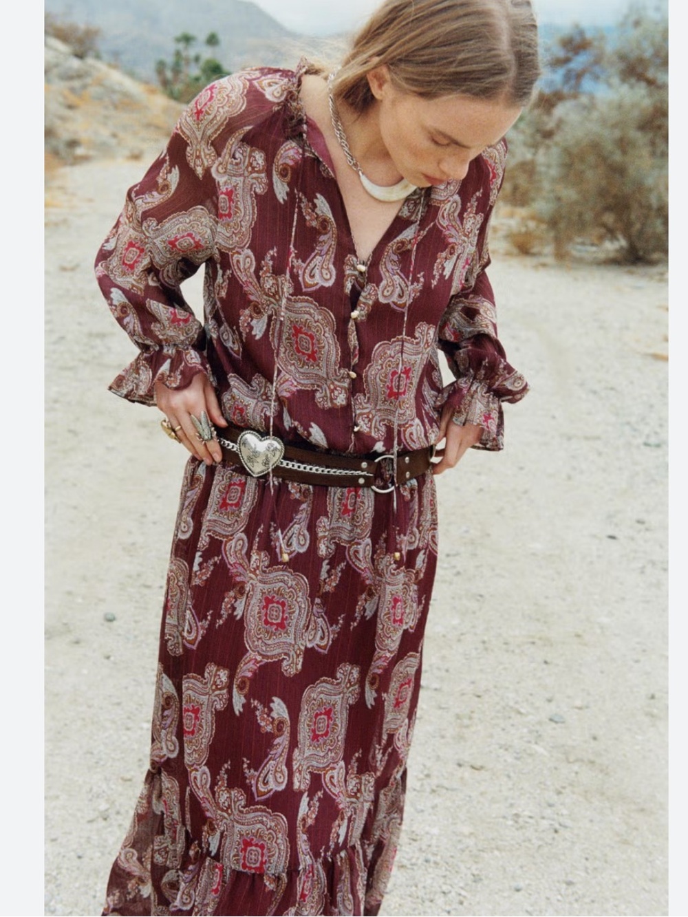 Zara Maroon Paisley Maxi Dress with Ruffle Hem